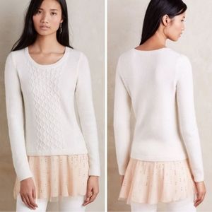 Anthropologie Knitted & Knotted Ivory Tunic Sweater Alpaca Blend Jeweled Tulle